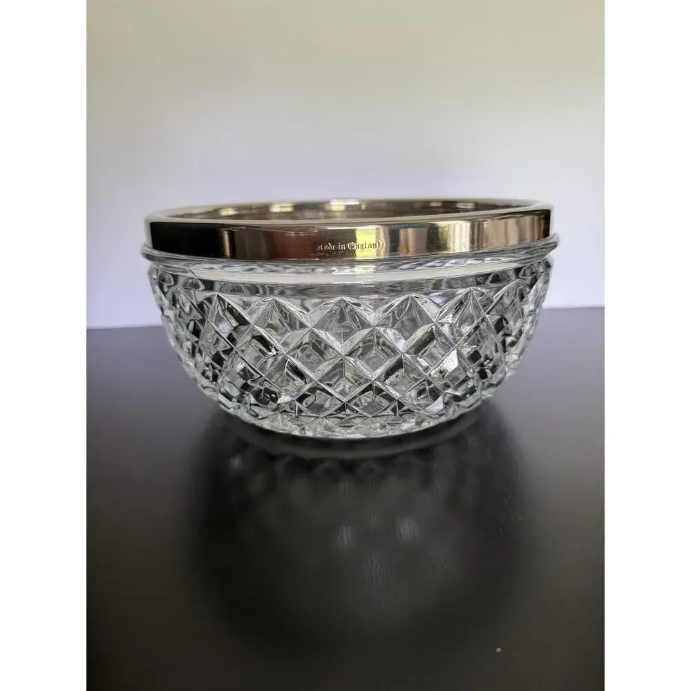 Vintage Raimond Crystal Silver Plated Rim Cut Glass Bowl 8 Inch Round Starburst